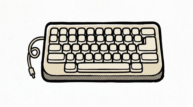 Retro style computer keyboard illustration with cable