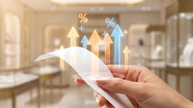 Inflation consumer spending concept with rising percentage arrows above receipt showing economic growth financial increase shopping hand impact changes purchase behavior and market trends financial