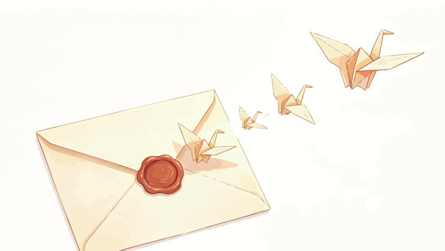 Gentle Warm-Toned Watercolor Illustration of a Cream Wax-Sealed Envelope, with Gradually Larger Origami Paper Cranes Flying Away to Convey Sentimental Long-Distance Messaging