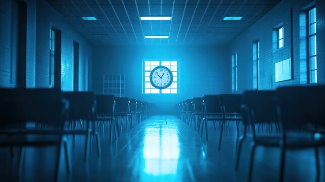 Empty classroom illuminated by blue light with clock display