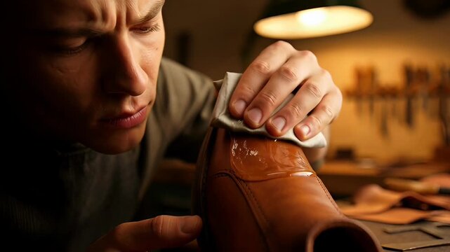 Shoemaker applying polish to a fine leather shoe in workshop under warm lamp light, detailed view