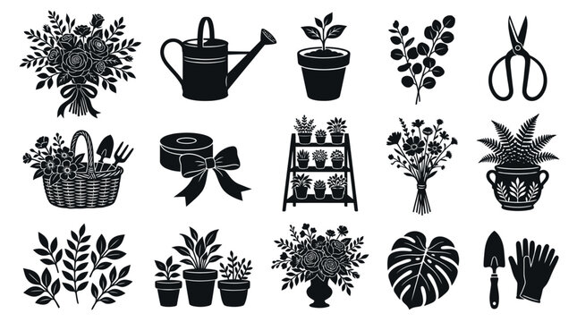 Black and white vector illustration of gardening tools and plants, icons for spring and nature themes