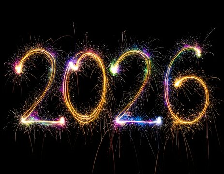 A colorful sparkler-lit '2026' against a black background