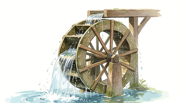Watercolor Illustration of Weathered Mossy Wooden Water Wheel in Operation, With Flowing Falling Water, Splashes, Tiny Wild Plants, Gentle Rustic Rural Aesthetic on Plain White Background
