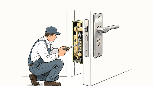 Professional locksmith in work overalls and cap repairing cutaway mortise door lock spring mechanism with screwdriver, clean technical line art illustration on plain white background