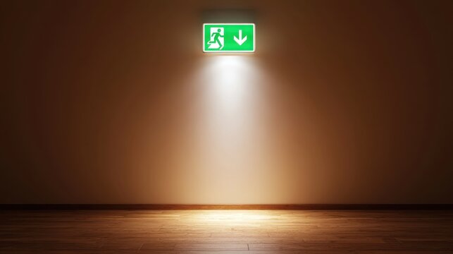 Illuminated emergency exit sign with running figure and downward arrow glowing brightly above empty wooden floor and wall in dark room