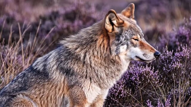 cute wolf resting in purple heather moorland, side profile with thick winter fur, calm gaze, soft wild grasses, muted violet background, elegant cinematic wildlife close portrait in open habitat