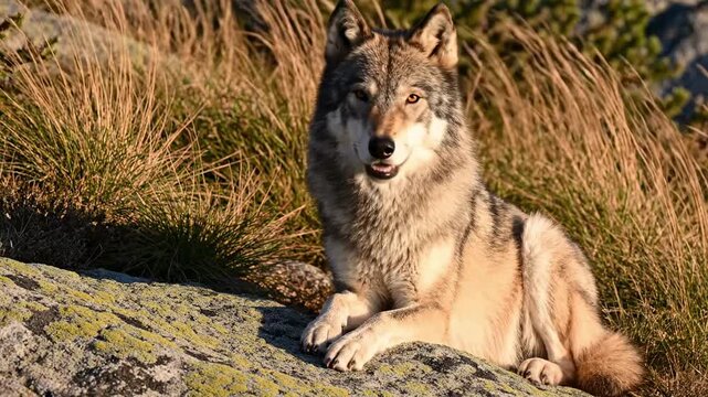 cute wolf lying on lichen rock in highland grass, relaxed front pose, warm side light, soft mountain meadow background, calm confident cinematic wildlife portrait with rugged natural surroundings