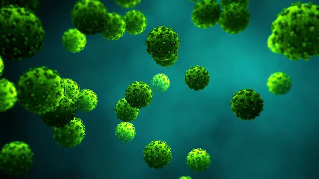 4K Ultra HD footage of Hantavirus in motion showcasing the 3D viral particle floating, microscopic pathogen transmission, and infectious disease biology.