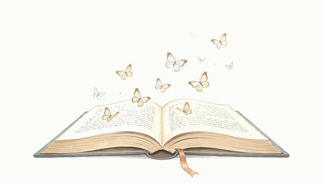 Gentle Watercolor Illustration of an Open Hardcover Book with Ribbon Bookmark, Delicate Pale Butterflies Rising From Printed Pages Against a Soft Off-White Background