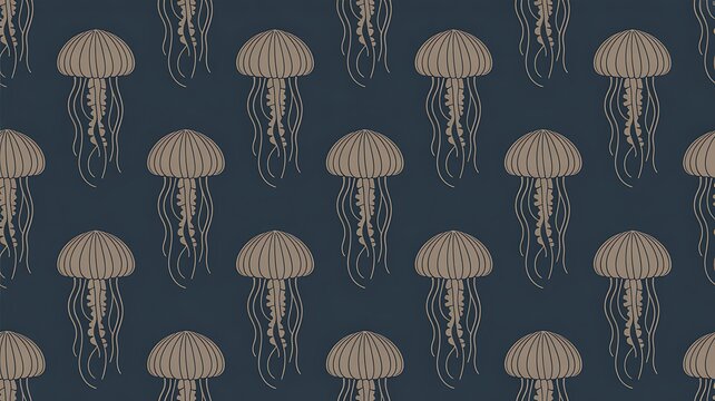 Seamless pattern of detailed brown jellyfish on a dark navy blue background, sea life texture