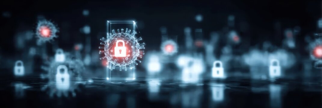 A cyber attack targets a hidden vulnerability, but the security defense is designed to stop such a threat before a breach occurs within the encrypted network.