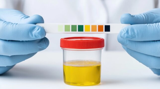 Medical professional wearing blue gloves holding urine test strip above transparent container with yellow liquid for diagnostic and health analysis