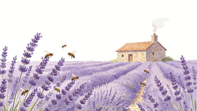 Delicate Watercolor Illustration of Rolling Lavender Fields, Tiny Stone Cottage, and Foraging Honey Bees, Serene Provencal Rural Landscape