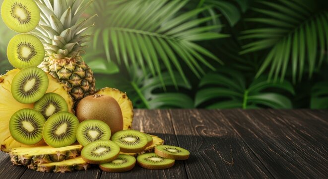 Tropical fruit arrangement with pineapple and kiwi