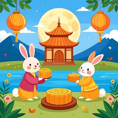 Obraz premium Two rabbits holding mooncakes in a serene landscape