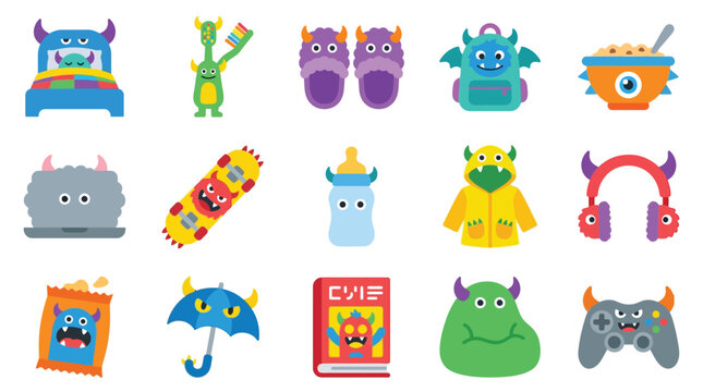 Collection of cute cartoon monsters and related items for children.