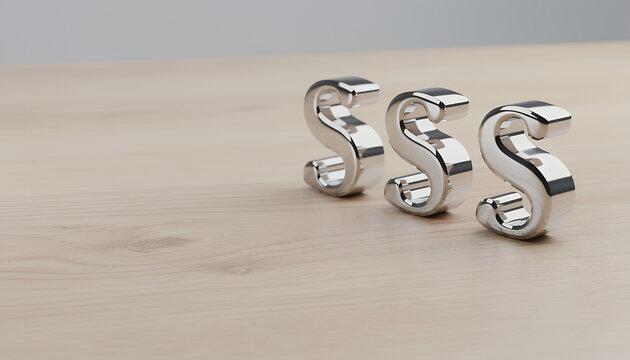 Chrome letters SSS on wood desk - metallic 3D typography