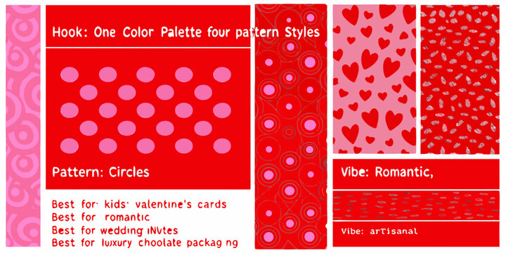 Four red and pink seamless patterns with swirls circles and hearts on a solid background