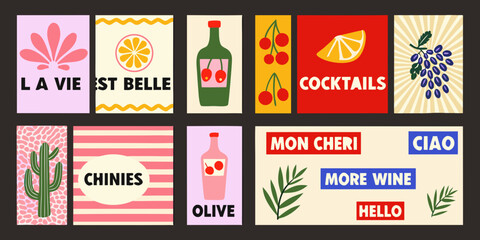 Collection of twelve retro style cards with fruit drinks and botanical illustrations on colorful backgrounds © Bebdas