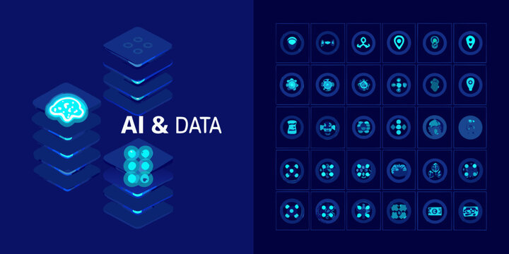 Artificial intelligence and data technology illustration with layered network and circular icons blue gradient