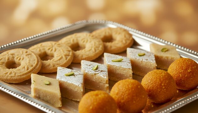 indian sweets dessert platter with barfi and laddoo on silver tray