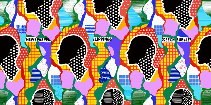 Black silhouette profile heads with colorful patterned background vibrant collage style artwork high quality professional