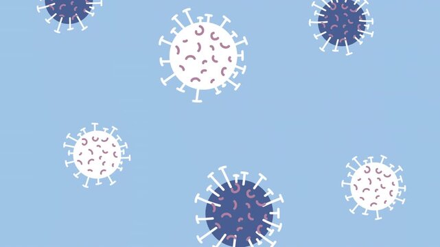 Abstract flat illustration of coronavirus cells floating on blue background as global pandemic concept for medical footage.