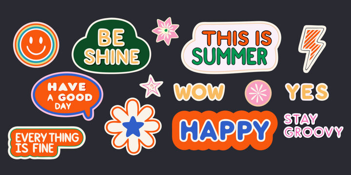Colorful retro style stickers with positive messages on a dark background high quality professional detailed