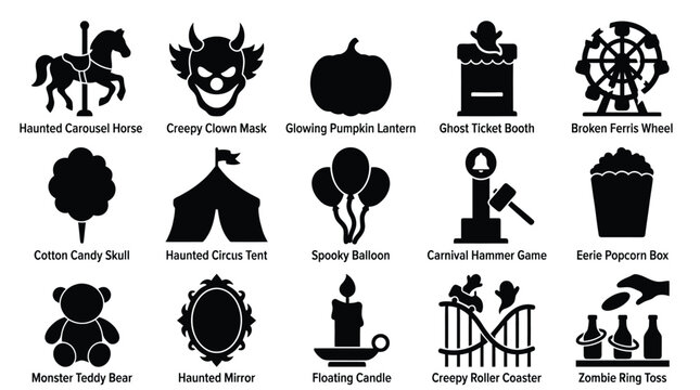 Collection of Halloween and Carnival Icons for Spooky Fun and Entertainment.