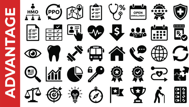 Medicare Advantage health insurance icon set, HMO PPO open enrollment elements, medical, dental, vision, RX pharmacy, and senior caregiving symbols.