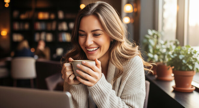 Cheerful businesswoman smiling with coffee cup at office desk perfect for joyful corporate morning routine and positive lifestyle