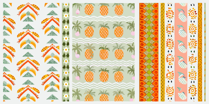 Tropical pattern with pineapples palm leaves and geometric shapes in pastel colors high quality professional