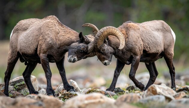 Two bighorn sheep butting heads on rocks.