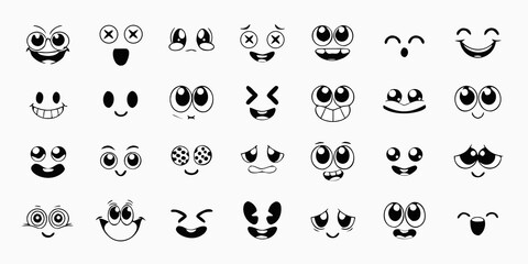 Collection of black and white cartoon mouth and eye expressions on a white background © Bebdas