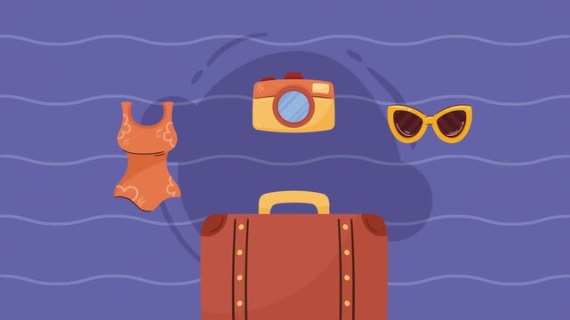 Animated vacation travel essentials with suitcase swimsuit and camera floating over purple waves.
