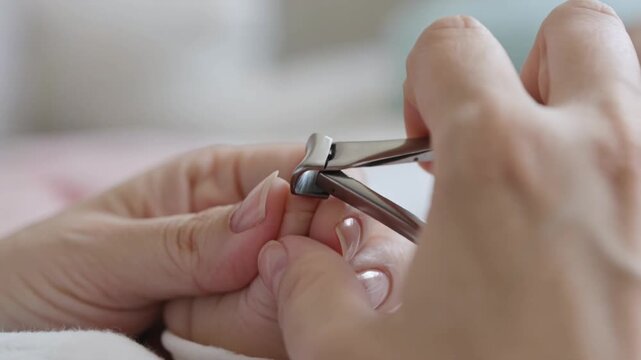 Mother carefully trimming fingernails of her baby using nail clippers