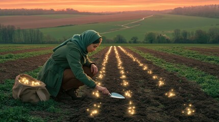 Fototapeta premium Woman wearing green coat planting bright glowing lights in field at sunset for farming future concept with scenic agricultural landscape and horizon background