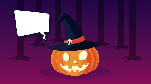 Animated halloween pumpkin with witch hat and speech bubble in dark forest background.