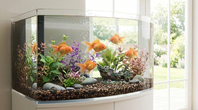 A beautiful curved aquarium with goldfish swimming among aquatic plants and a shipwreck ornament in a bright, sunlit room