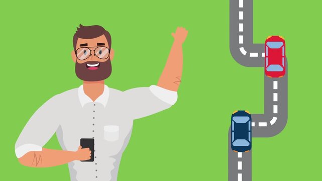 Business man with smartphone and cars on road motion graphic for transportation app concept.