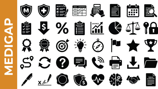 Medigap icon set, Medicare supplement insurance symbols collection, medical benefits, health insurance plans, financial savings, deductible tracker.