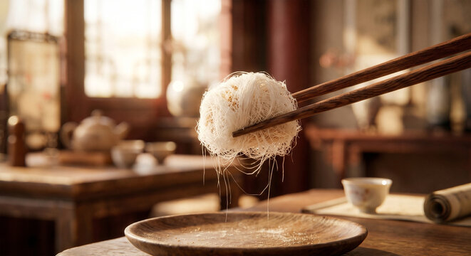 A side-view macro shot of a pair of dark wood chopsticks gently lifting a Dragon's Beard Candy. The image captures the "lightness" and "airiness" of the candy