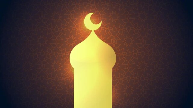 Islamic mosque silhouette animation with crescent moon on geometric pattern background for ramadan kareem celebration.