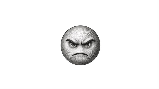Grayscale illustration of an angry emoji face with furrowed brows and a stern expression, representing anger and displeasure