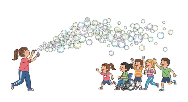 Children Playing with Bubbles Outside.