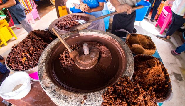 Traditional cacao paste grinding on stone metate in Mexican market