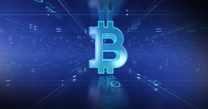 Glowing bitcoin symbol floats inside a futuristic digital network with streaming data lines.