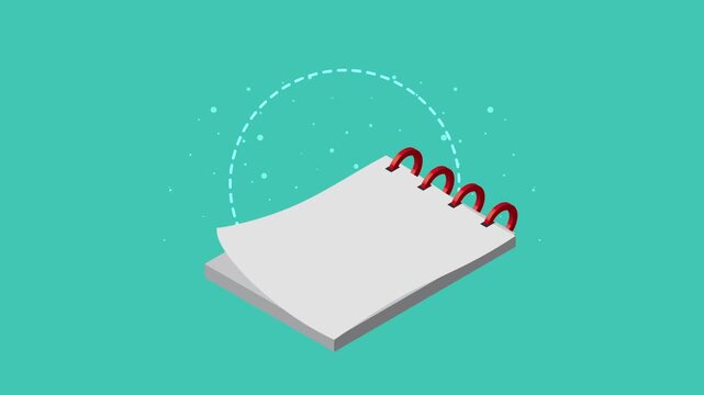 Isometric notebook with blank pages on a vibrant teal background, a minimal animation for educational or office use.
