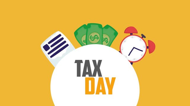 Tax day motion graphic with documents bills and alarm clock dynamic animation on yellow background footage.